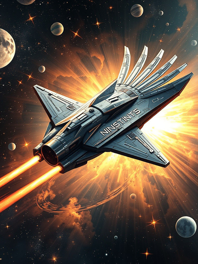 spaceship reminiscent of an eagle, wings tucked into a dive configuration, stars, nebula and planets in background (incl...