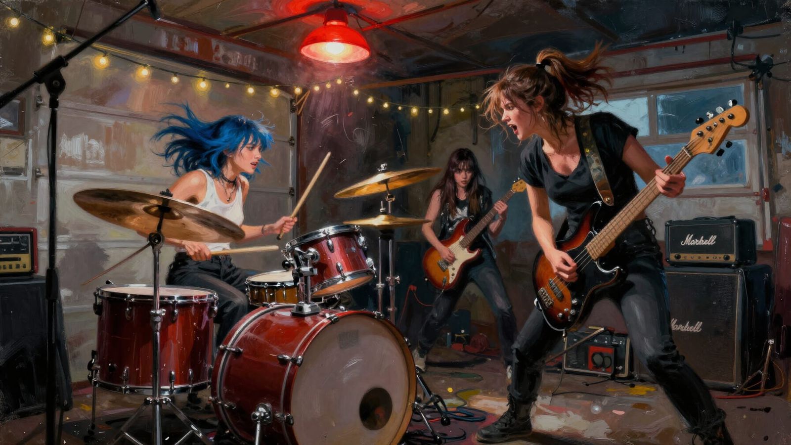 Energetic Impasto Painting of a Rock Band's Intense Performa...