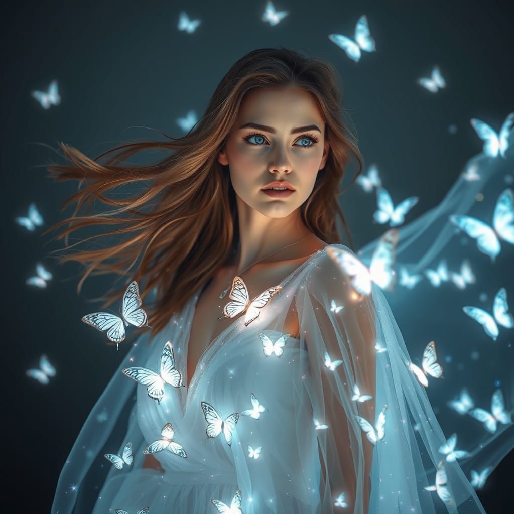 Ethereal Starlight Woman with Bioluminescent Butterflies