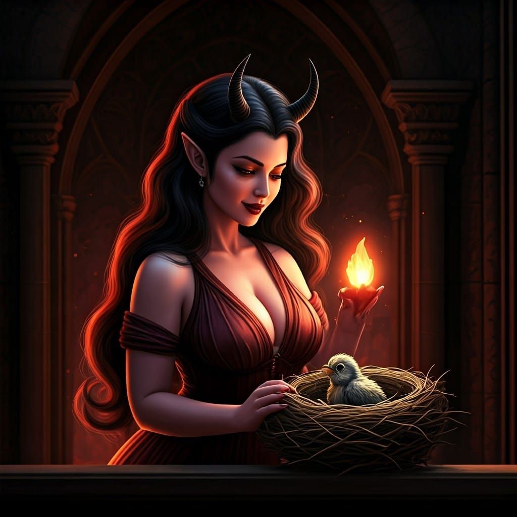 Kind Demon Helps Baby Bird: Rutkowski Style