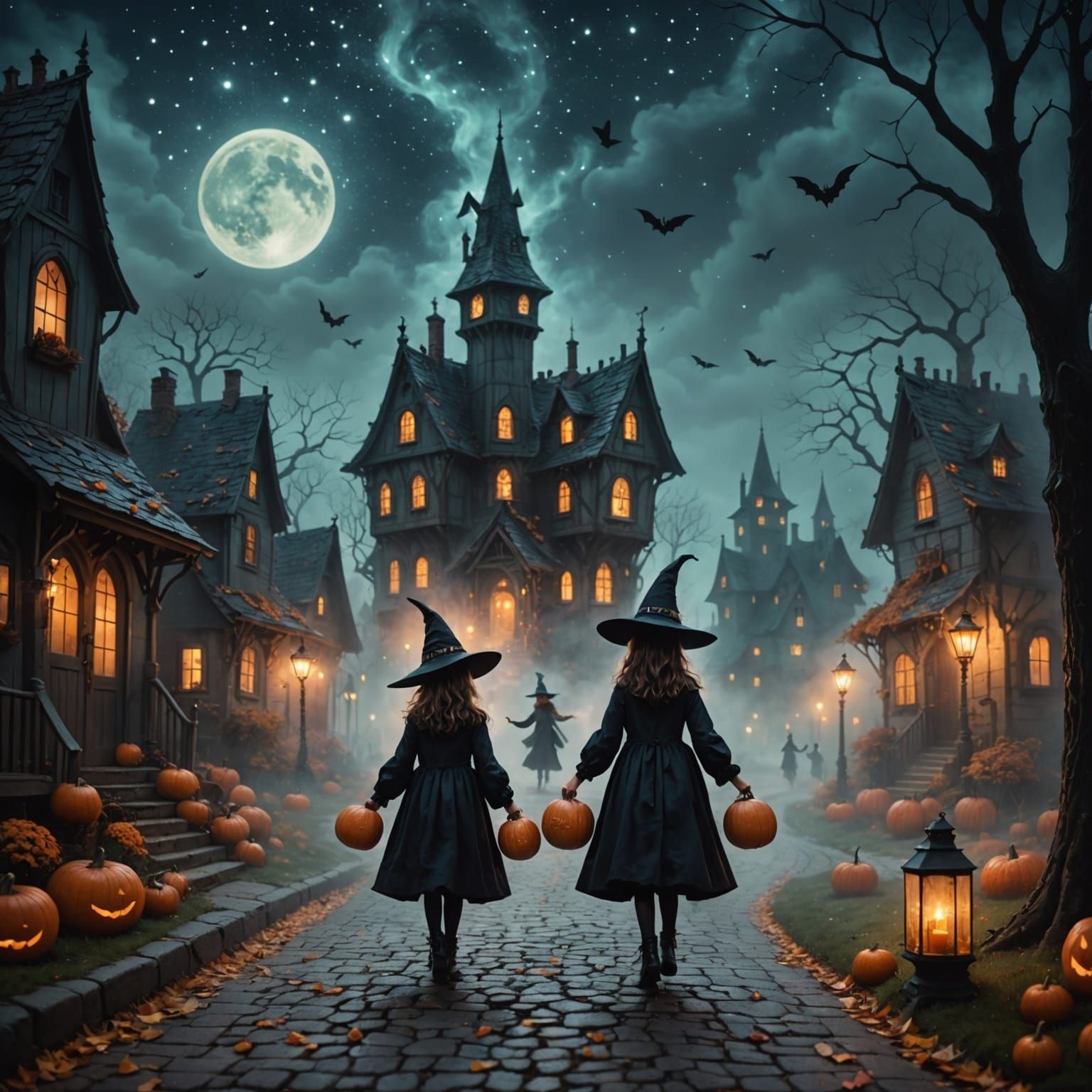 Witch Leads Children Down Surreal Candy Street