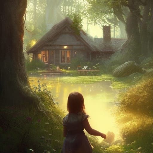 Cozy Forest House with Girl, Fantasy Art