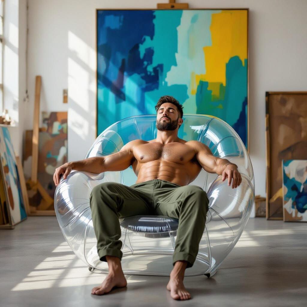 Man Relaxing in Inflatable Chair Before Abstract Art