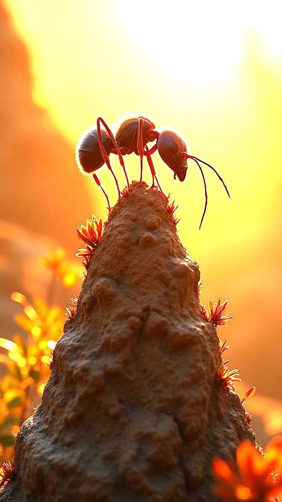 Ant on Anthill in Morning Light: Hyperrealistic Art