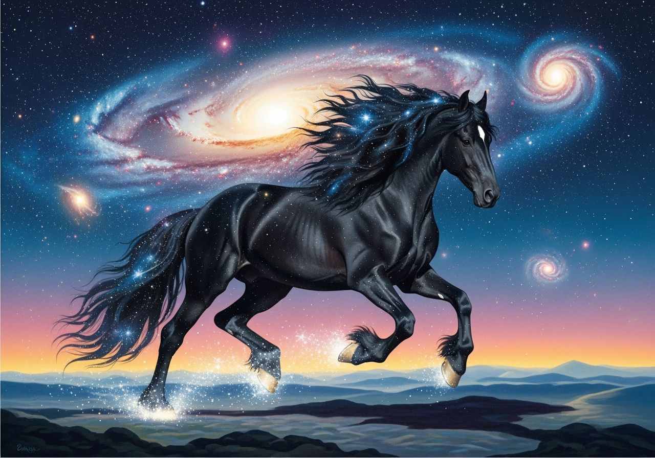 Cosmic Friesian Horse Galloping Through Dreamscape