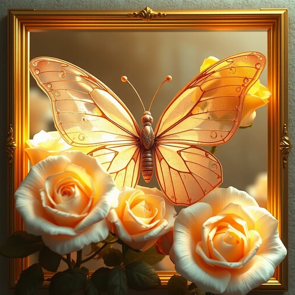 Butterfly with Roses and Golden Frame