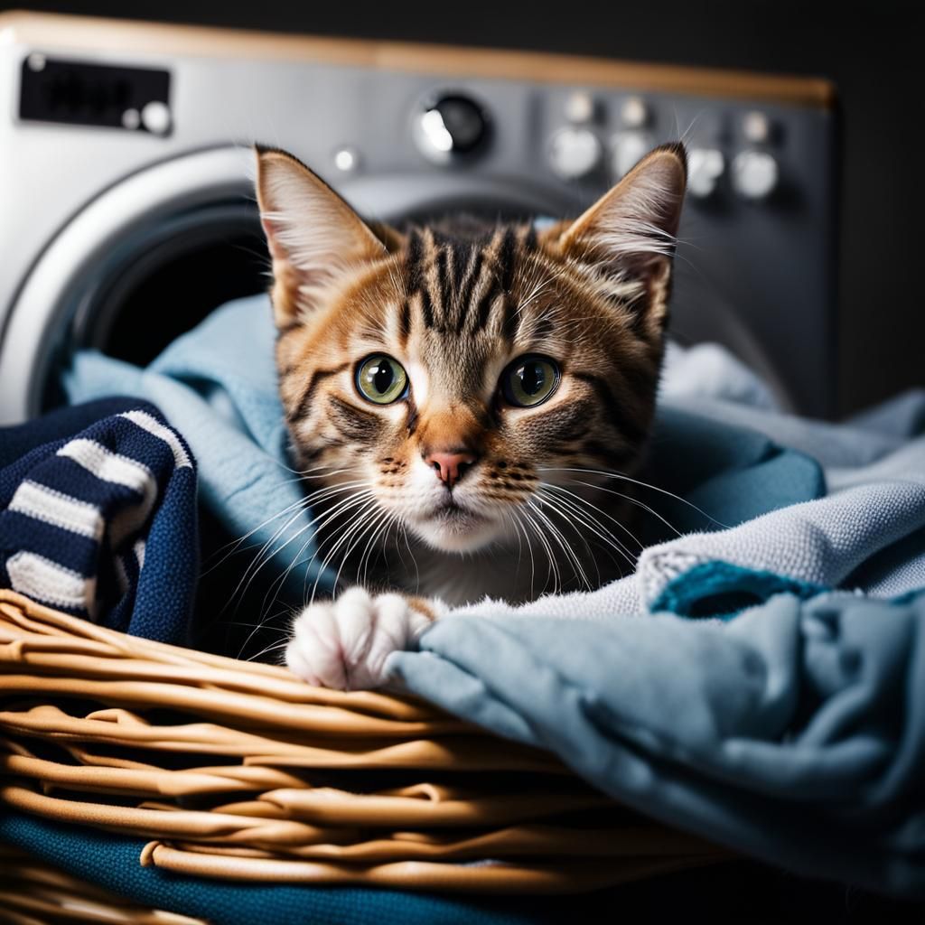 Kitten Hiding in Laundry Pile with Dynamic Lighting