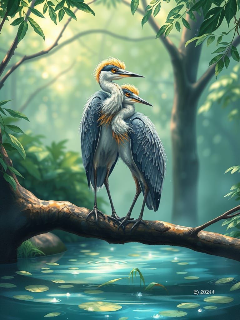 Vibrant Anime Painting of Yellow Crowned Night Heron Couple ...