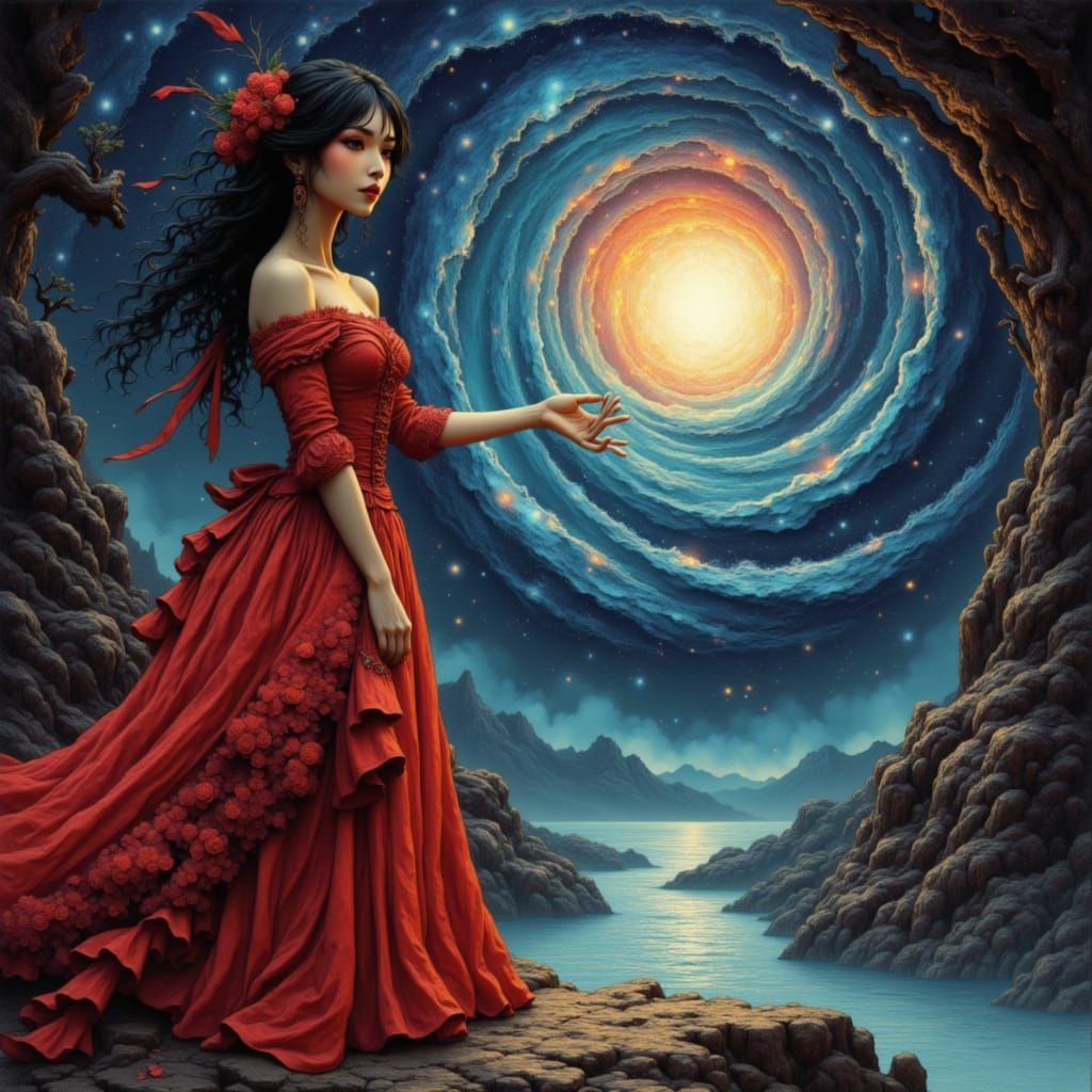 Alice in Victorian Gown Reaches for Celestial Pearl in Cosmi...