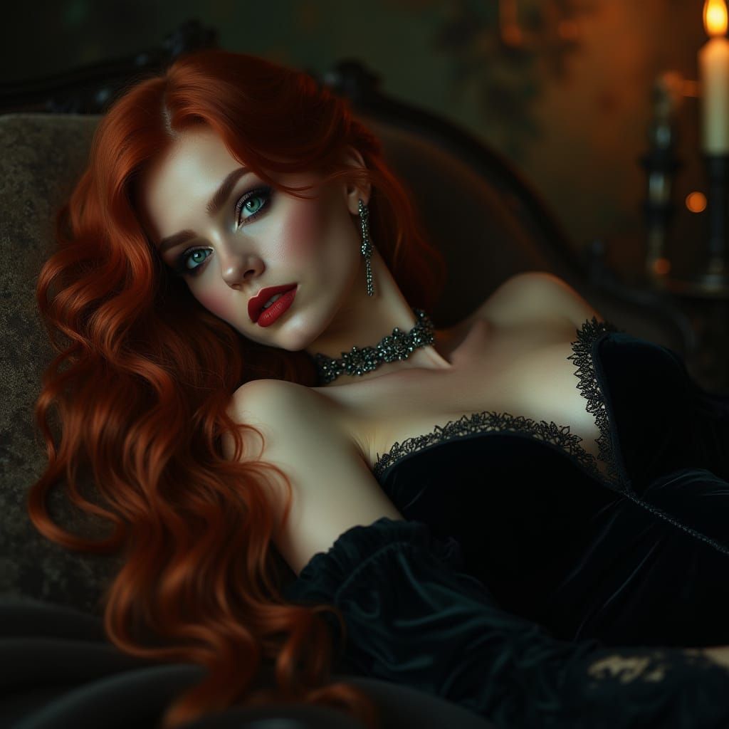 Elegant Goth Witch in Velvet Gown