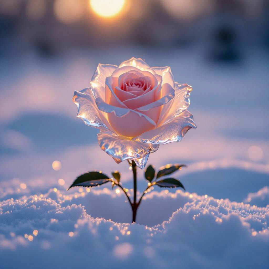 Ice Rose Blossom on Snowdrift at Sunrise