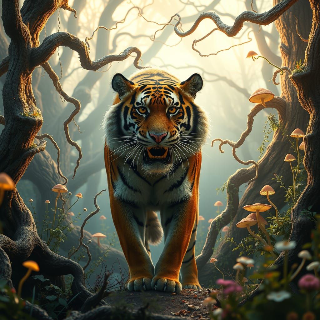 Majestic Saber-Toothed Tiger in Ancient, Overgrown Fantasy L...