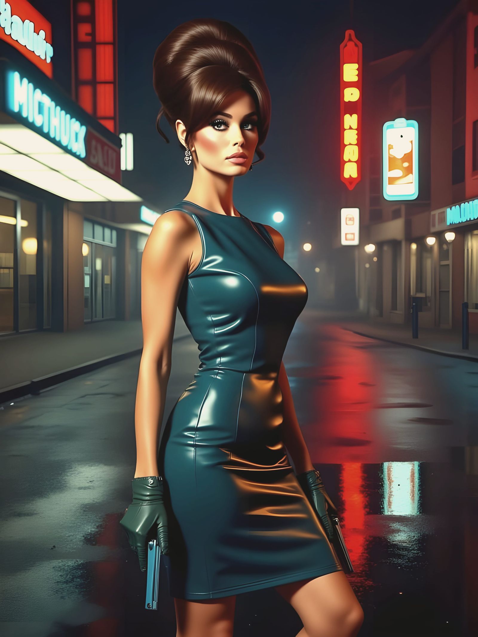 Mysterious Mod 1960s Secret Agent in a Neon Cityscape