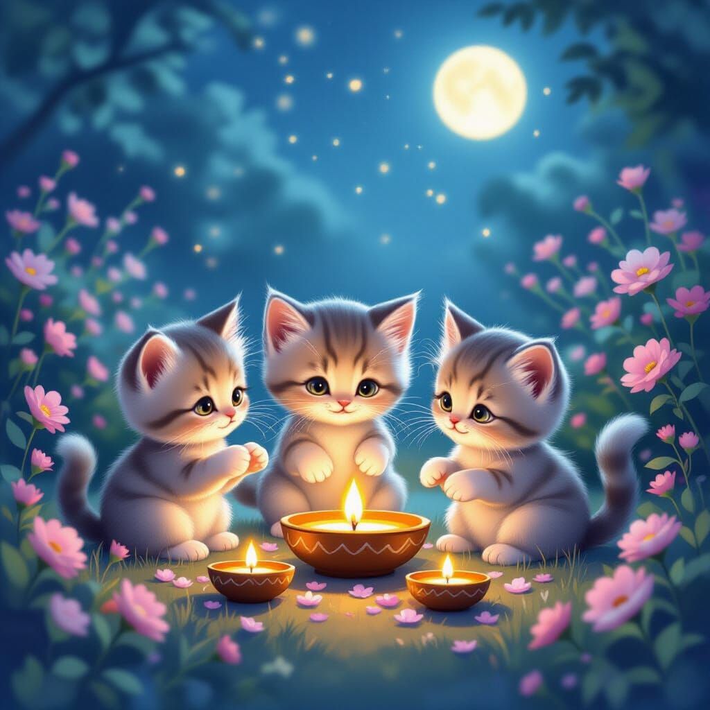Kitten Friends Play With Diyas in Moonlit Garden
