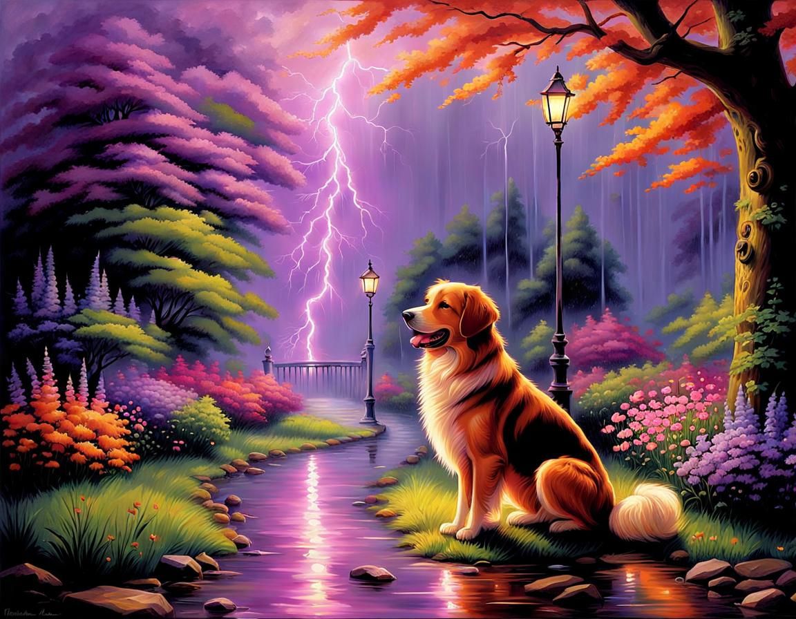 Colorful Dog Listening to Music in Rainy Landscape