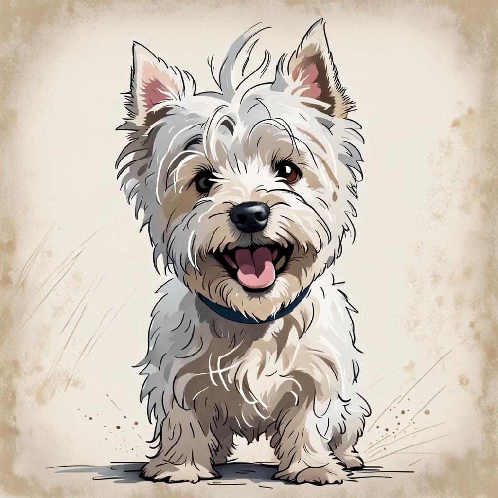 Expressive Westie Drawing in Children's Book Style