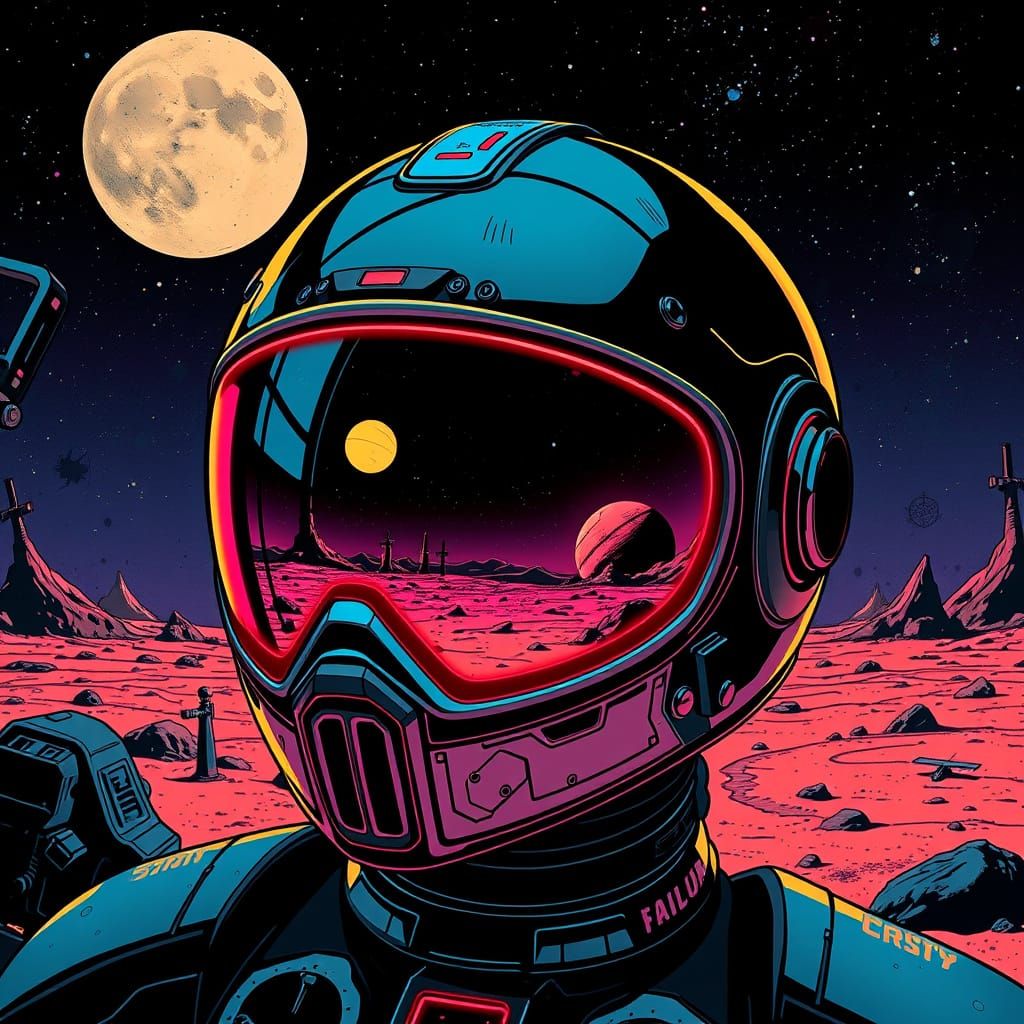 Neon Lunar Motorcycle Helmet in Retro-Futuristic Style