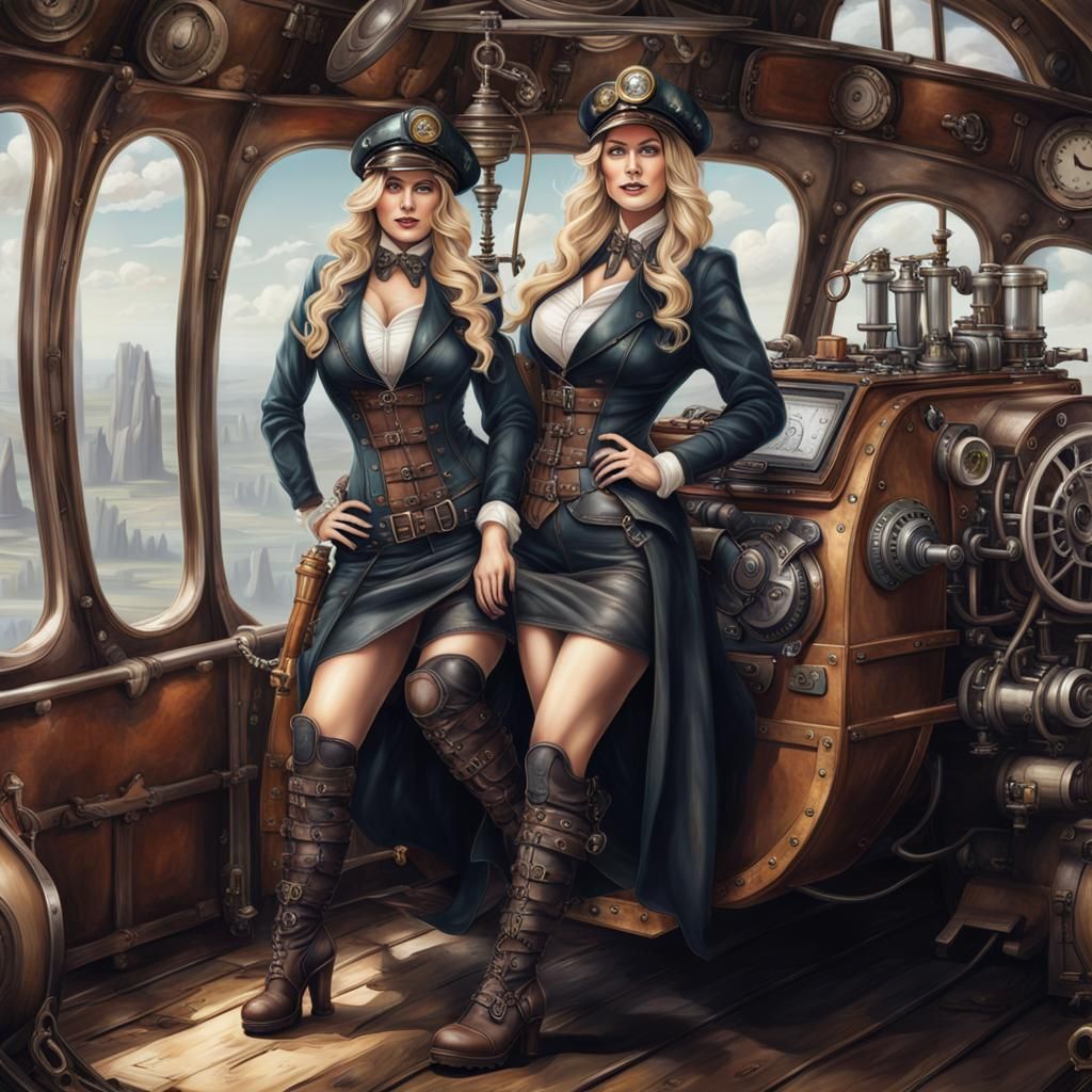 Two Curvy Women on an Airship with Steampunk Engine