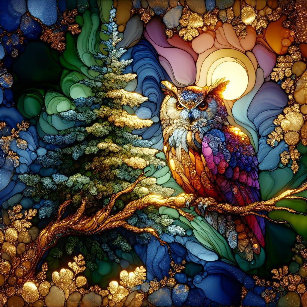 Elegant Evergreen Tree in Vibrant Gold and Blues