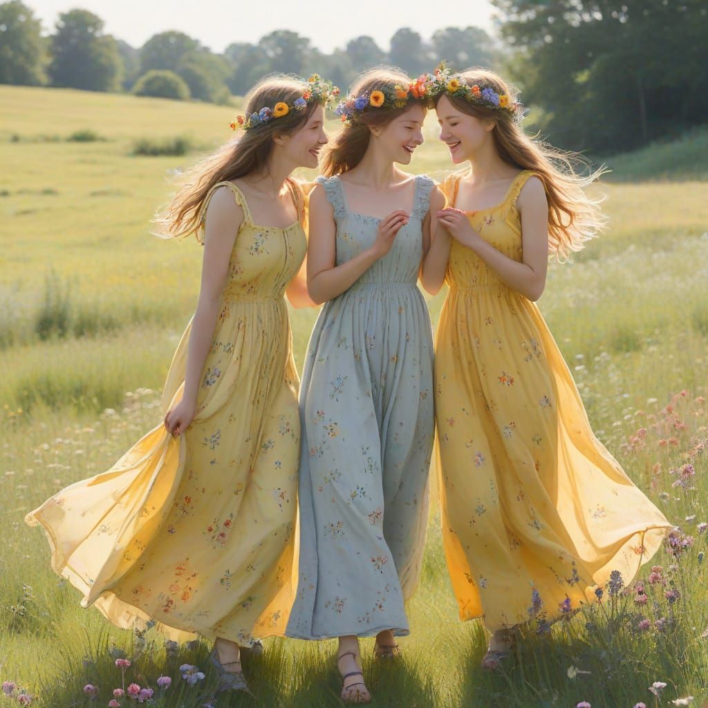 Women in Whimsical Meadow Embracing