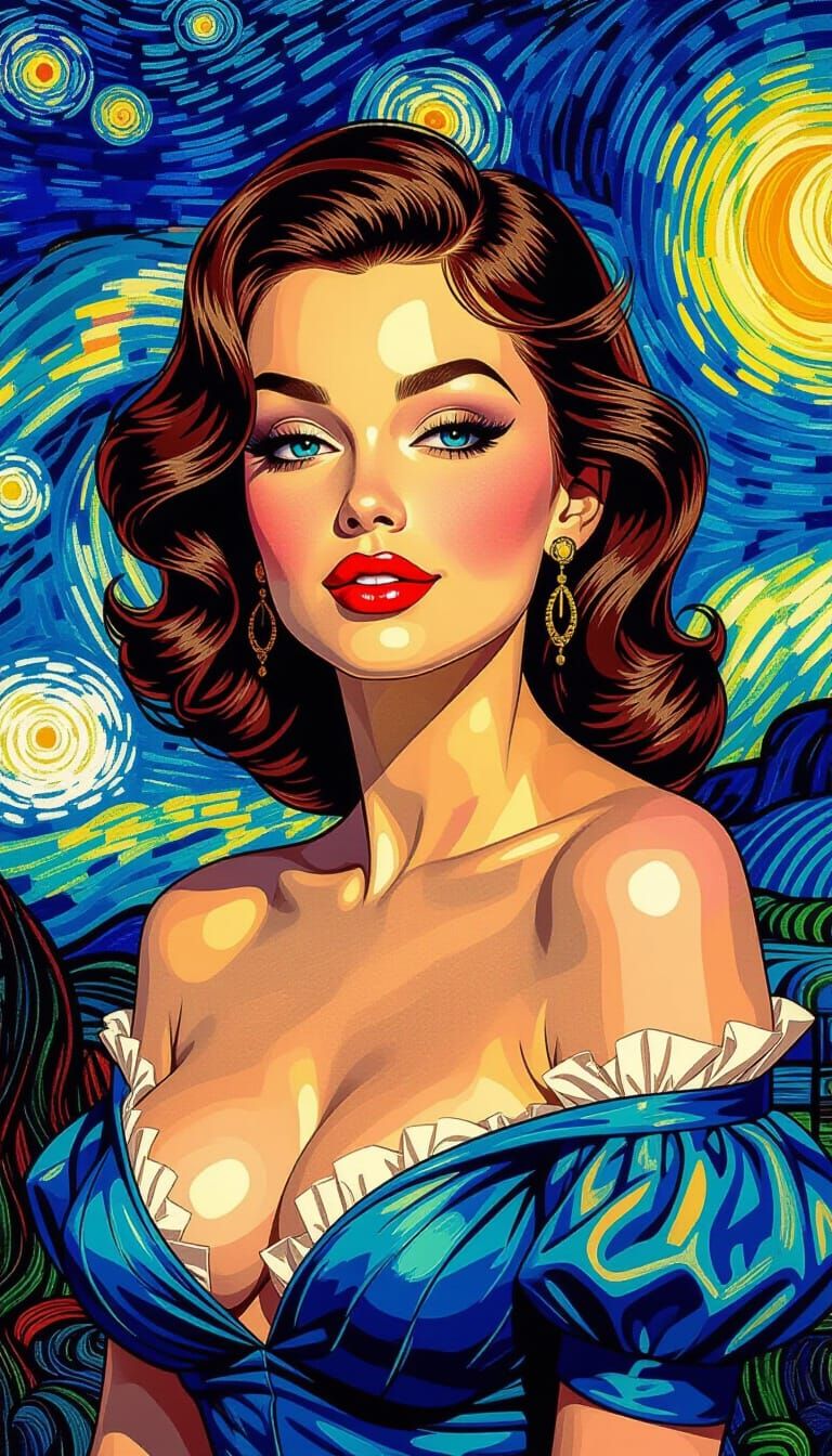 Pin-Up Woman in Post-Impressionistic Digital Art Style