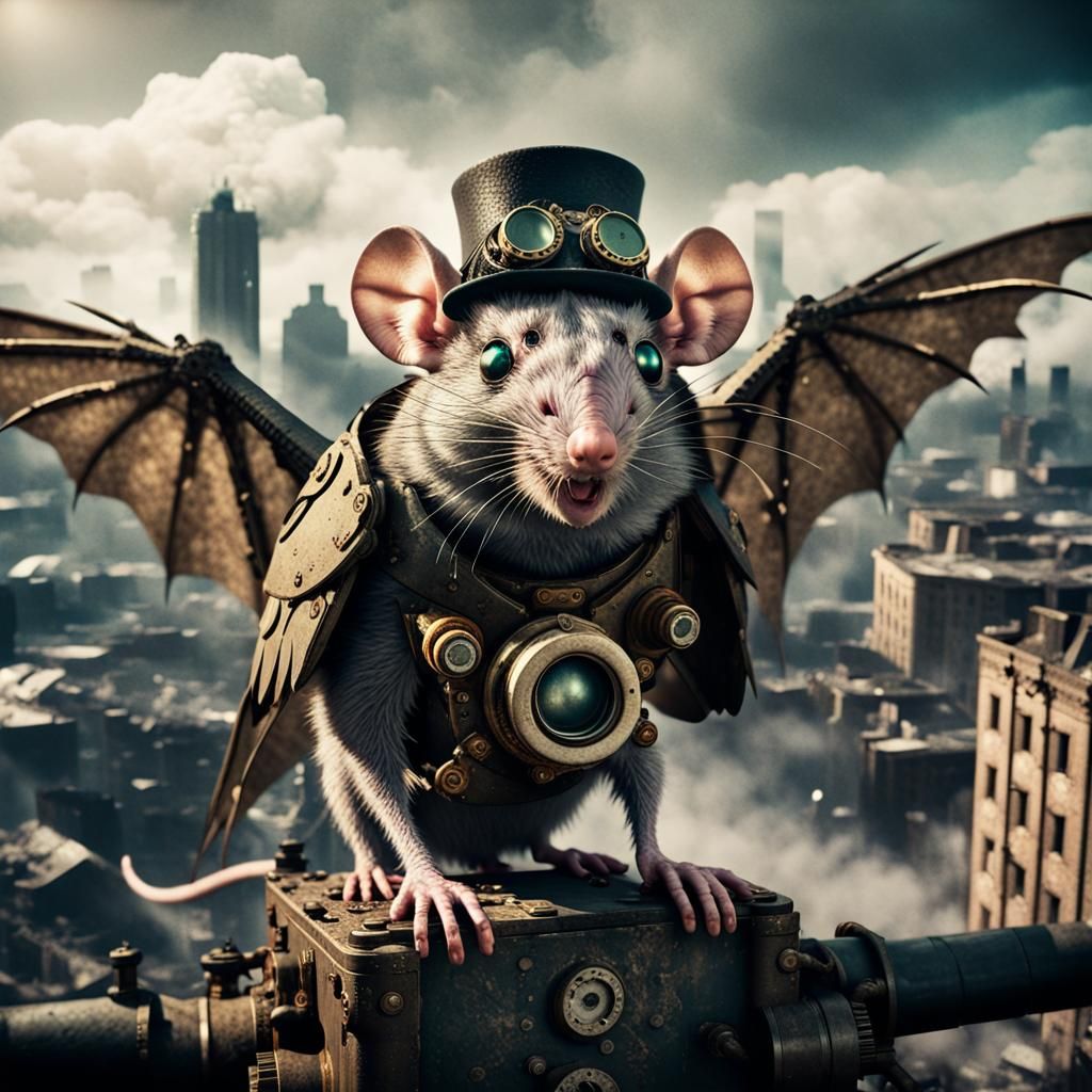 Steampunk Winged Rat Machine Over Ruined City