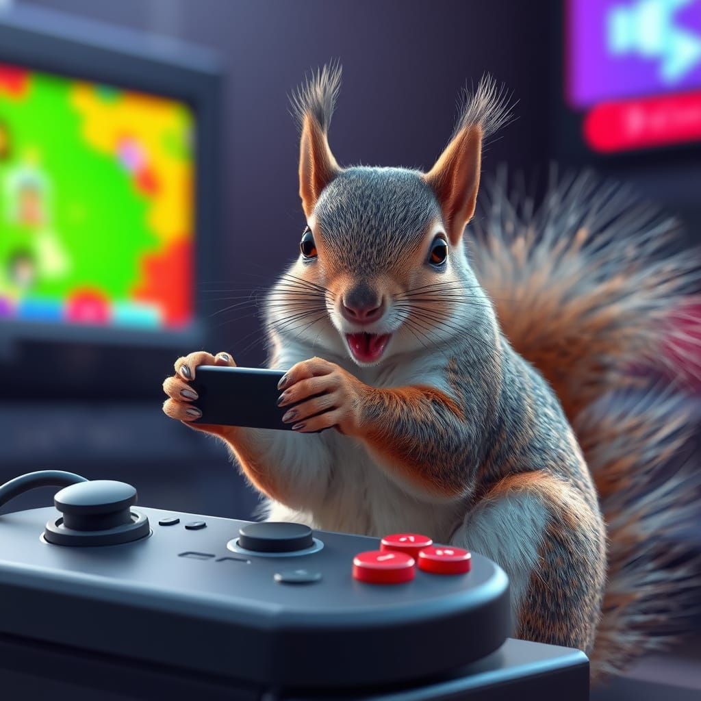 Squirrel Gamer Immersed in Video Game