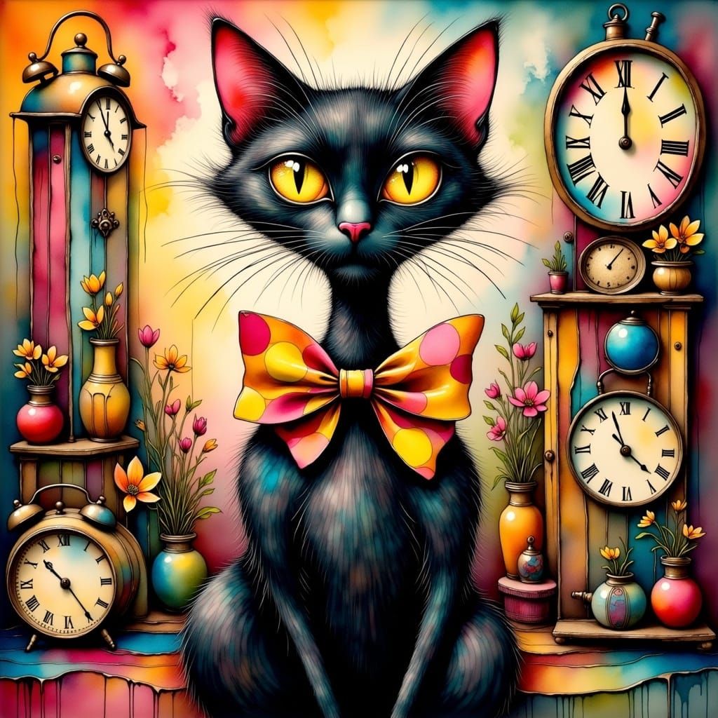 Surreal Black Cat in Polka Dot Bowtie, Inspired by Dali's Dr...