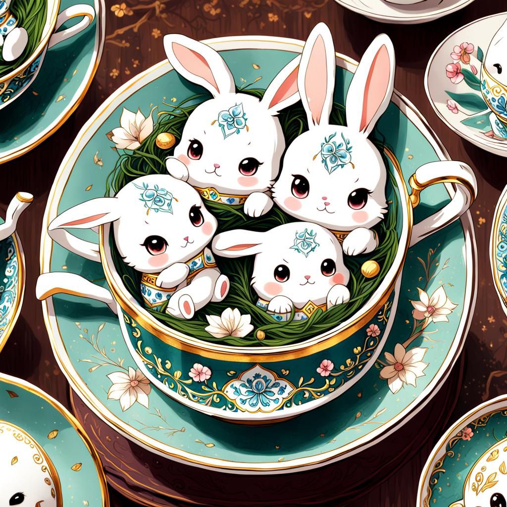 Cute Bunnies in Teacups: Anime-Style Illustration