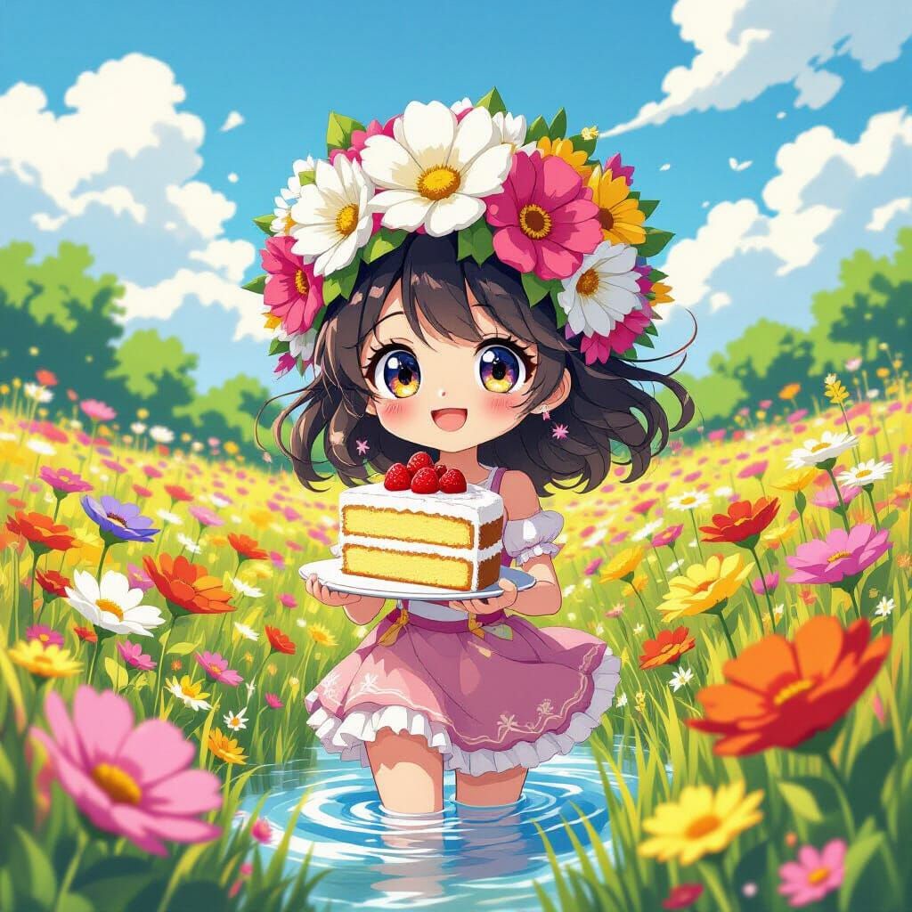 Anime Heroine with Flower Crown and Cake in Wild Meadow