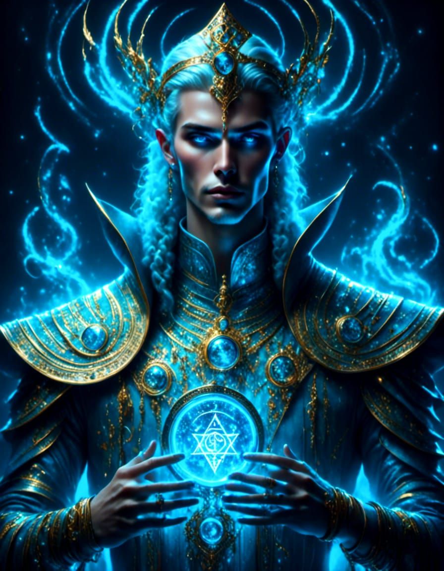 Tarot: The High Priest_Male, TRON inspired, face up, 8K resolution White, gold with blue <lora:Glowing Runes:1.0> <lora:...