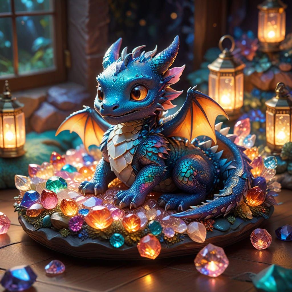 Cute Chibi Dragon Rests on Crystals in Ghibli Anime Style