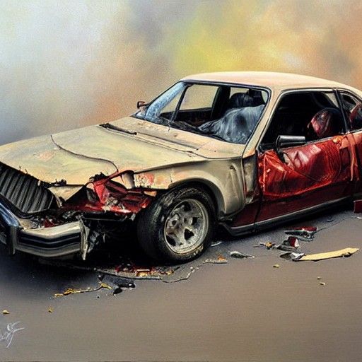 Photorealistic 1980s Car Crash as Oil Painting