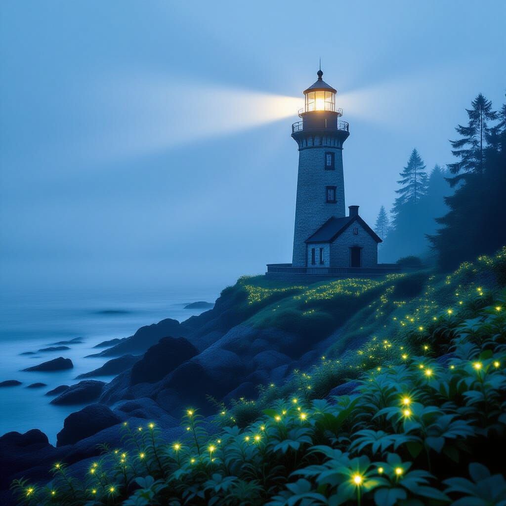 Lighthouse Beam Pierces Misty Twilight Over Bioluminescent F...