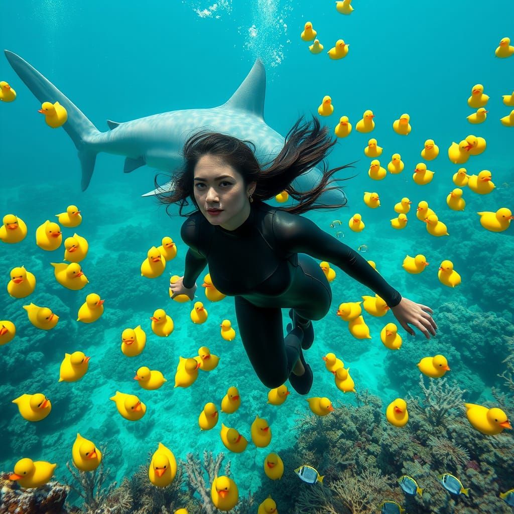 Woman Swims with Shark and Rubber Ducks