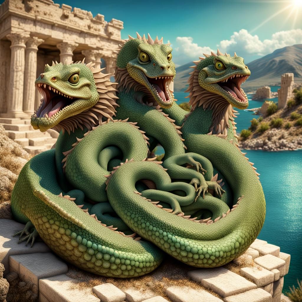 Four-Headed Hydra on a Greek Island, Hyperrealistic Airbrush...