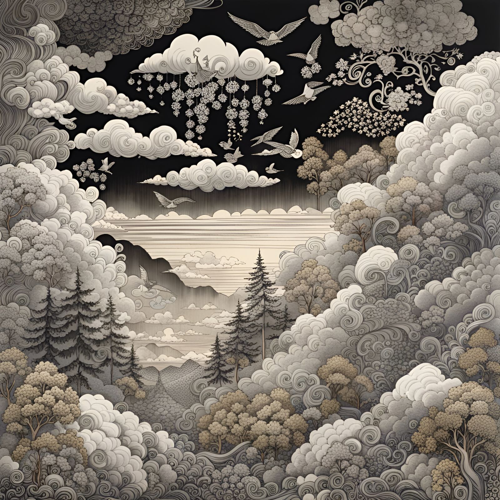 Smokey Cloud Forest in Art Brut Style