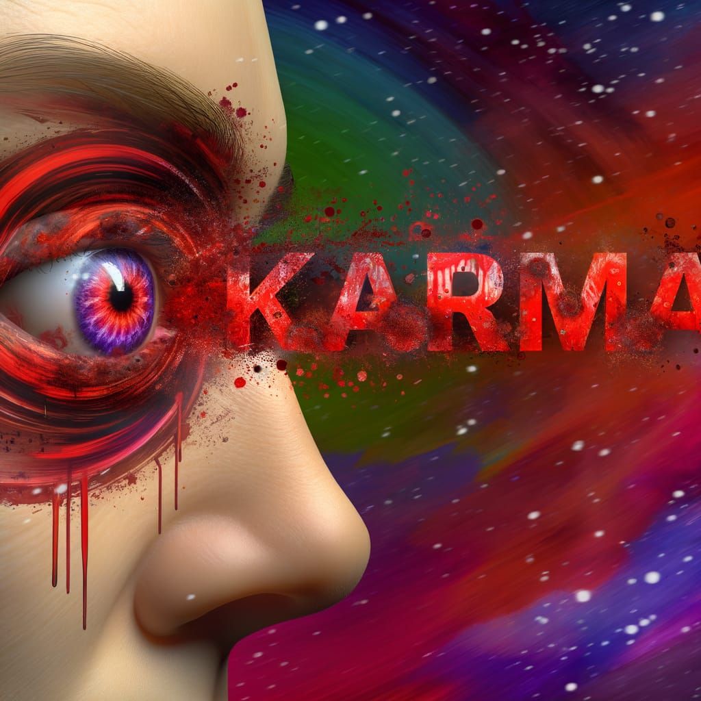 Hyperrealistic Bloody Eye with Karma Word Art