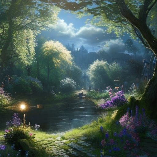 Cottagecore Town with Lush Gardens, Digital Art