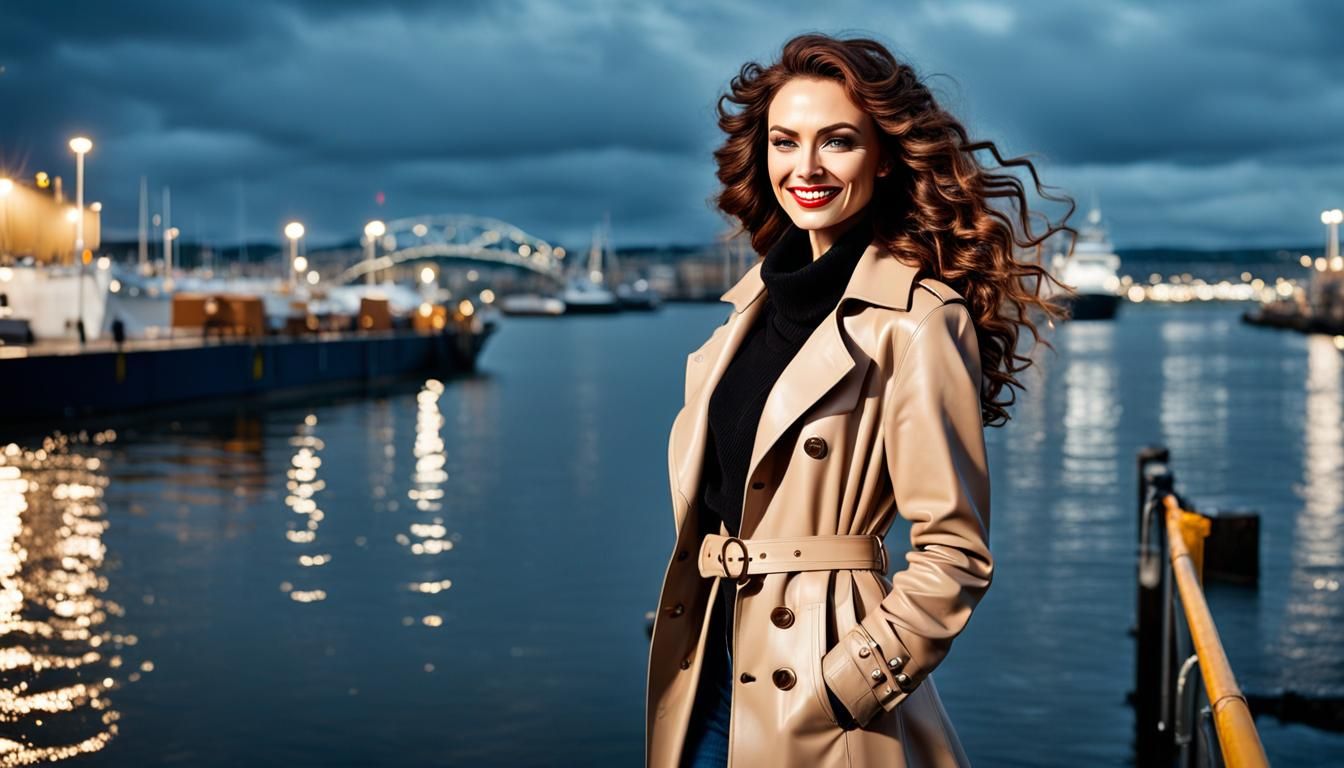 Gorgeous Woman in Beige Leather Raincoat at Night