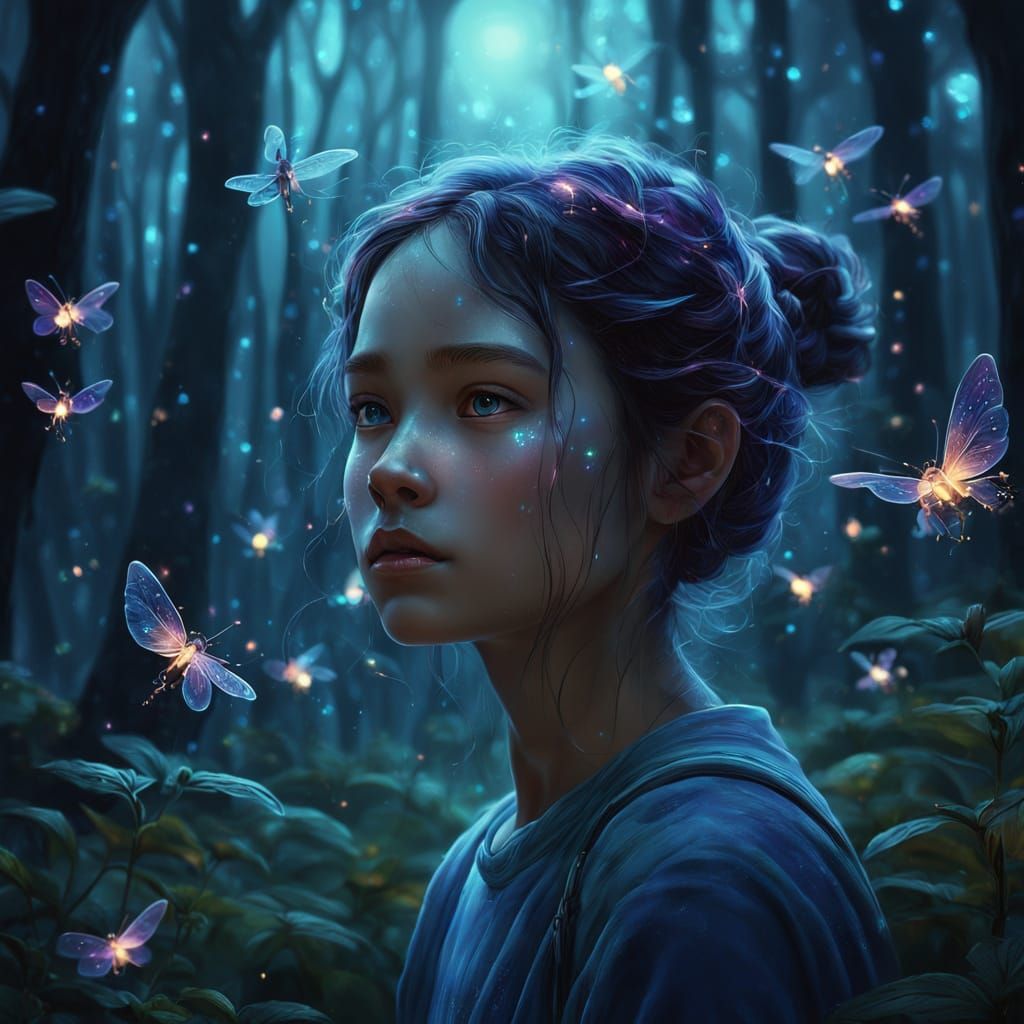 Whimsical Nighttime Scene in a Glowing Forest