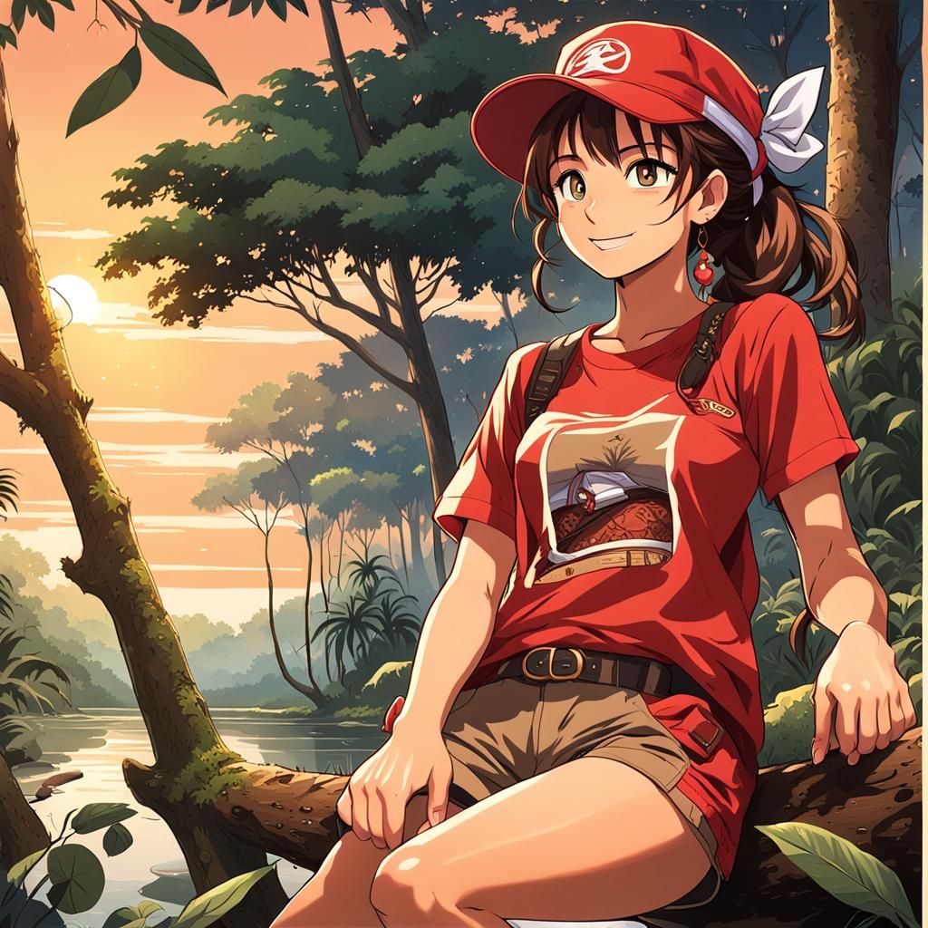 Anime Girl in Amazon Jungle at Sunset