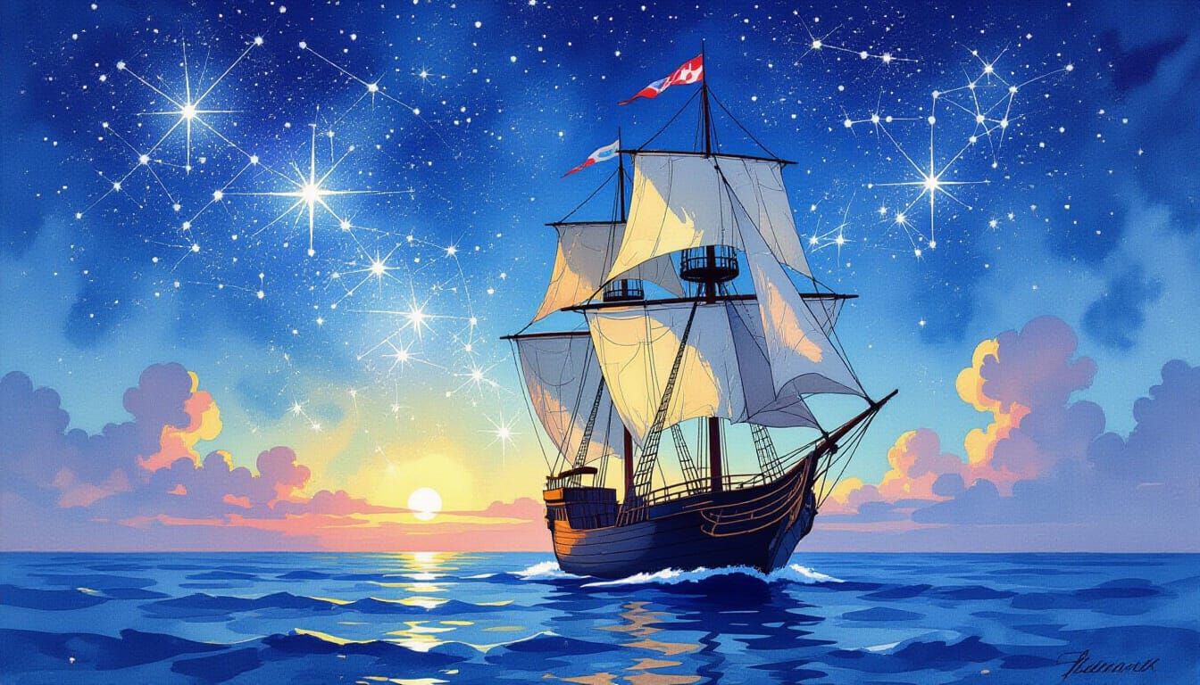 Sailing Ship Under Constellations in Watercolor