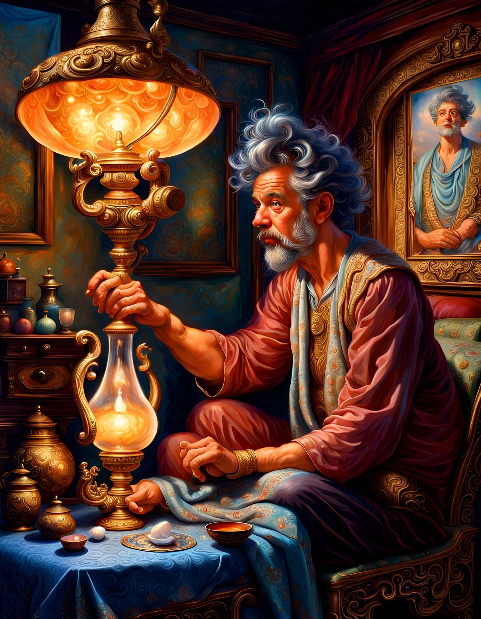 Realistic Genie in Ornate Room, Fantasy Art