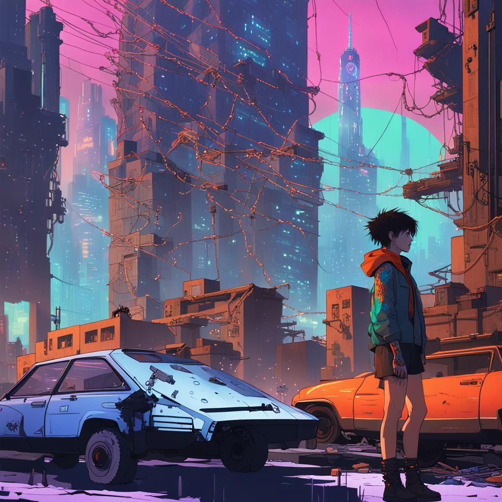 Cyberpunk Woman in Cityscape with Broken Chains