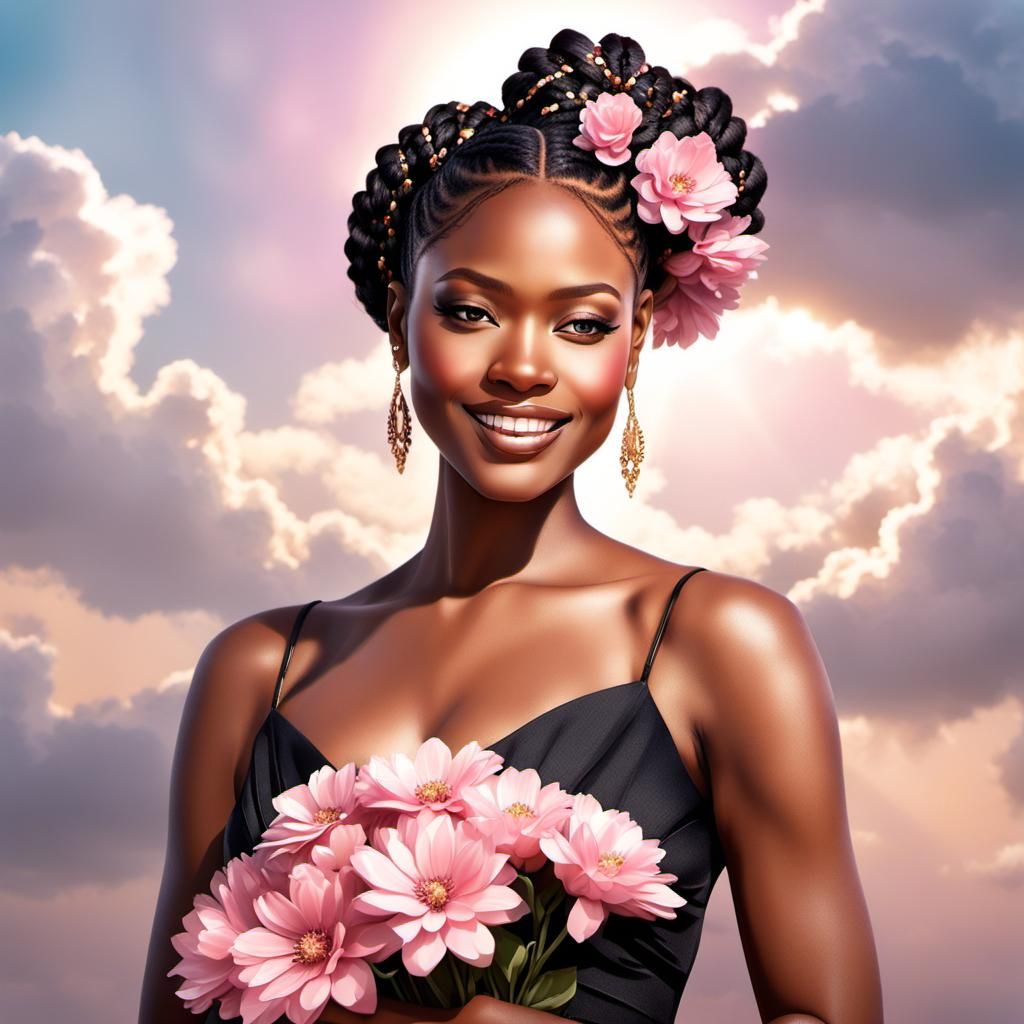 African American Girl with Flowers, Graphic Illustration