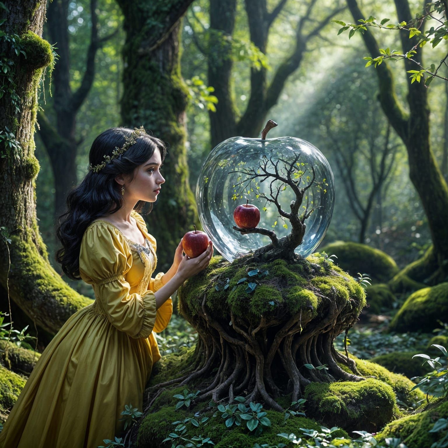 Enchanted Forest Apple Scene in a Dreamlike Atmosphere