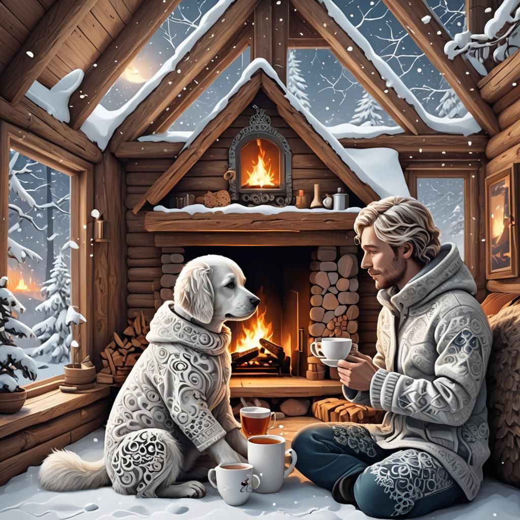 Cozy Scandinavian Cabin: Couple and Puppy by Fire