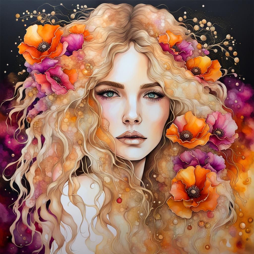 Ethereal Woman with Poppies in Alcohol Ink Art