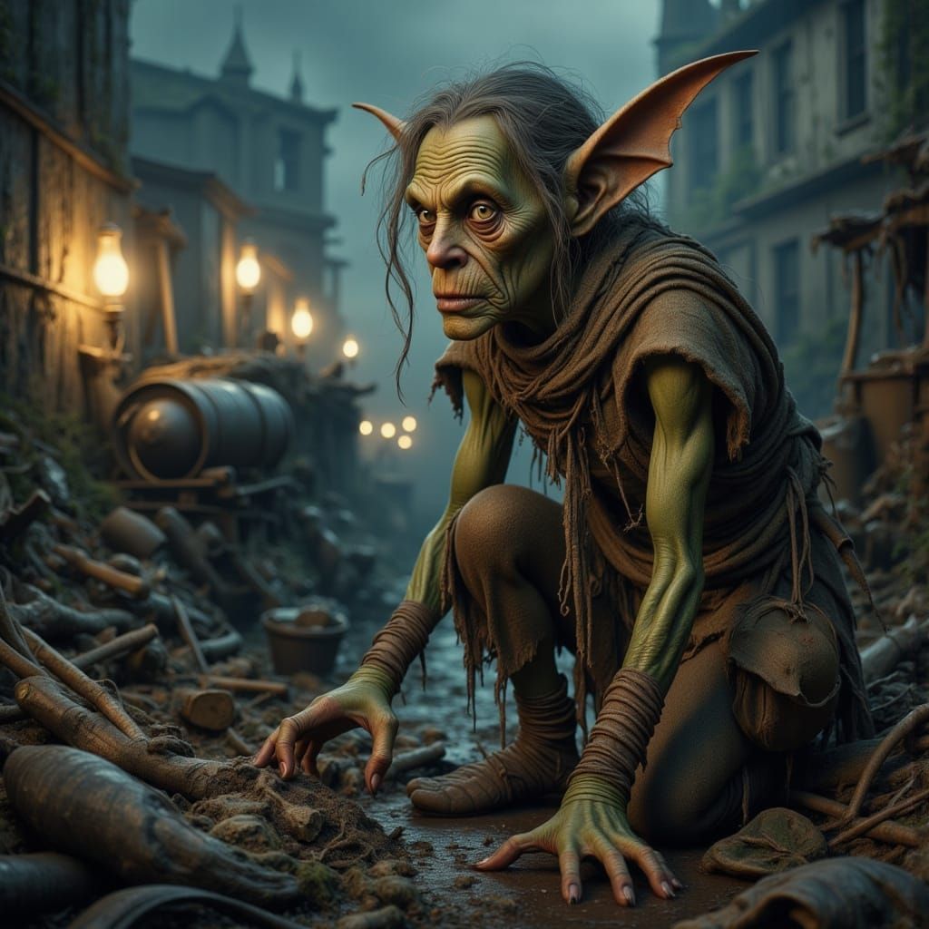 Goblin Amidst Grimy Harbor Ruins
